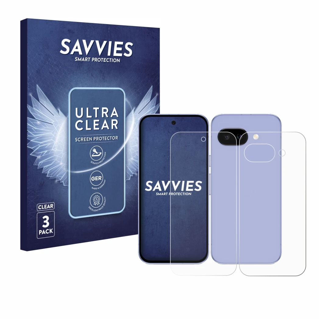 Front side of a product packaging with the brand logo Savvies. Next to it is the device Google Pixel 9a (Front+Back) shown wit
