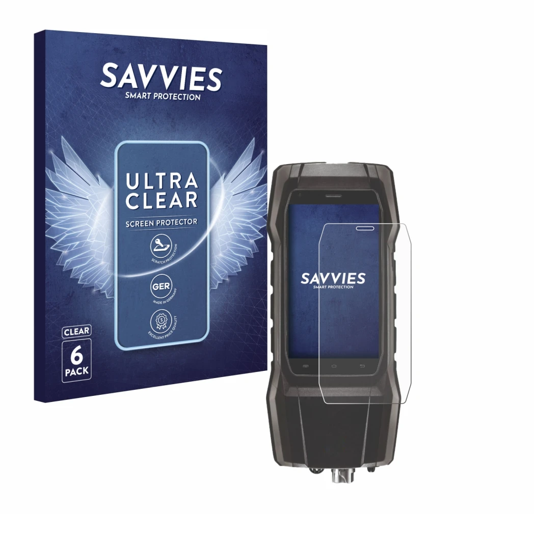 Front side of a product packaging with the brand logo Savvies. Next to it is the device Testo 300 shown with the corresponding
