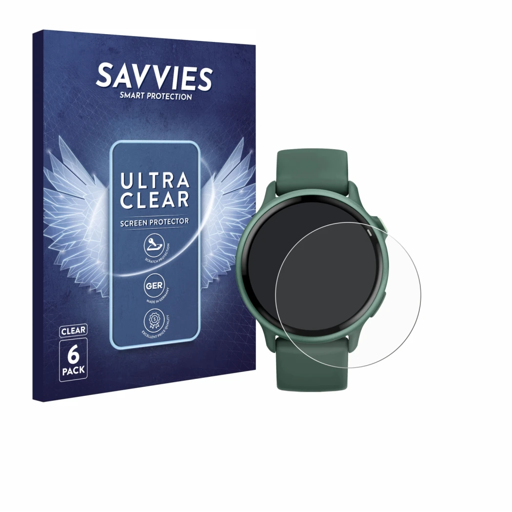 Front side of a product packaging with the brand logo Savvies. Next to it is the device Garmin vivoactive 6 shown with the cor