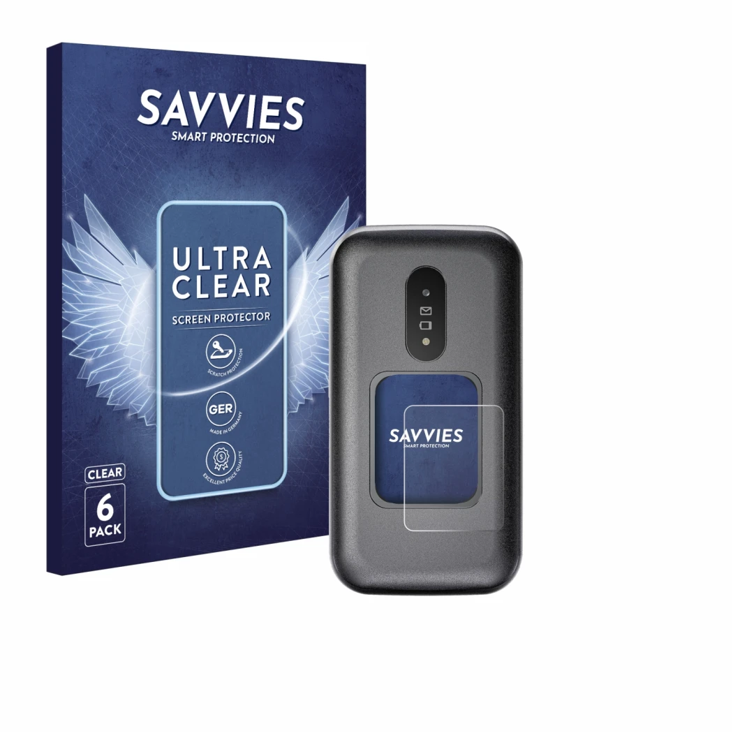 Front side of a product packaging with the brand logo Savvies. Next to it is the device Doro 2880 (Outer display) shown with t