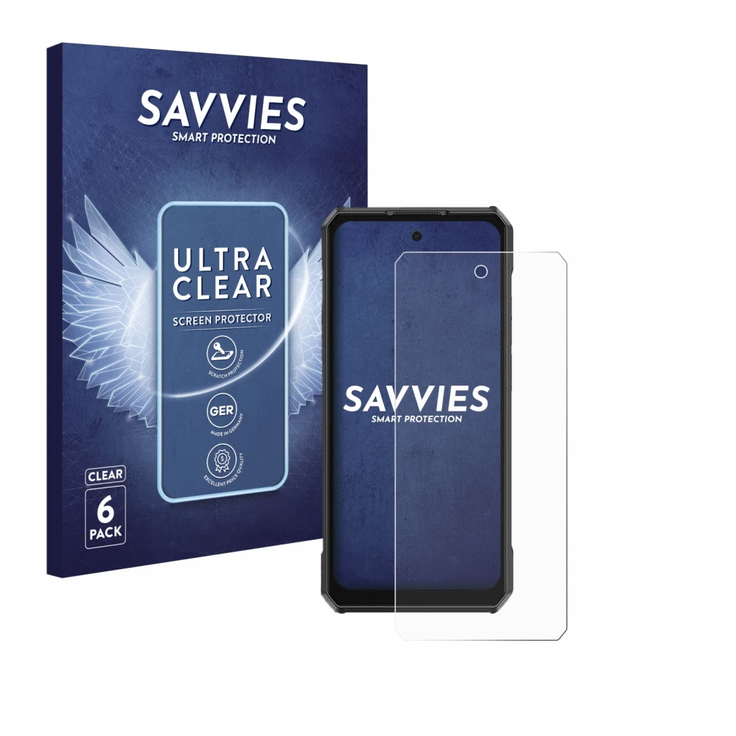 Front side of a product packaging with the brand logo Savvies. Next to it is the device Ulefone Armor 30 Pro shown with the co