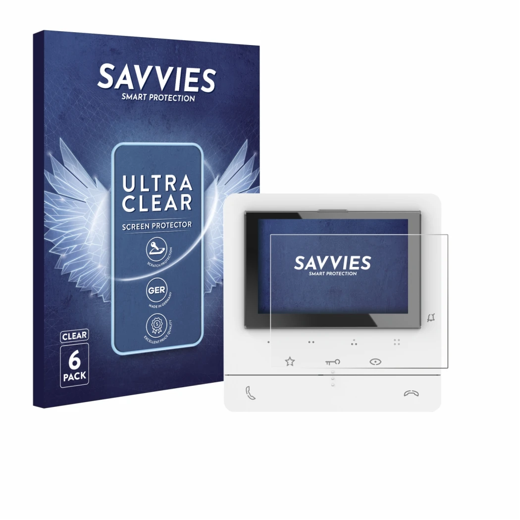 Front side of a product packaging with the brand logo Savvies. Next to it is the device Biticino 344672 shown with the corresp