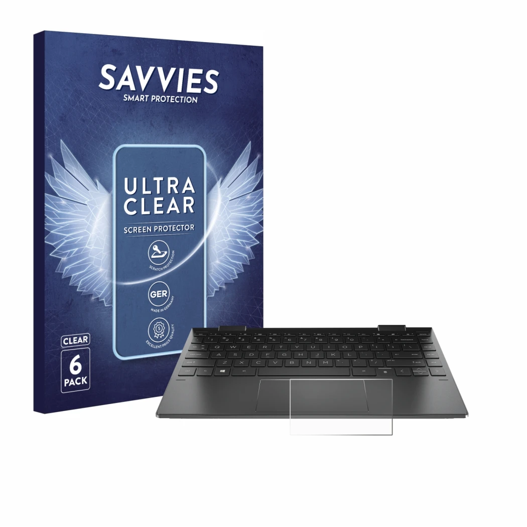 Front side of a product packaging with the brand logo Savvies. Next to it is the device HP Envy x360 (13-X) (ONLY Touch Trackp