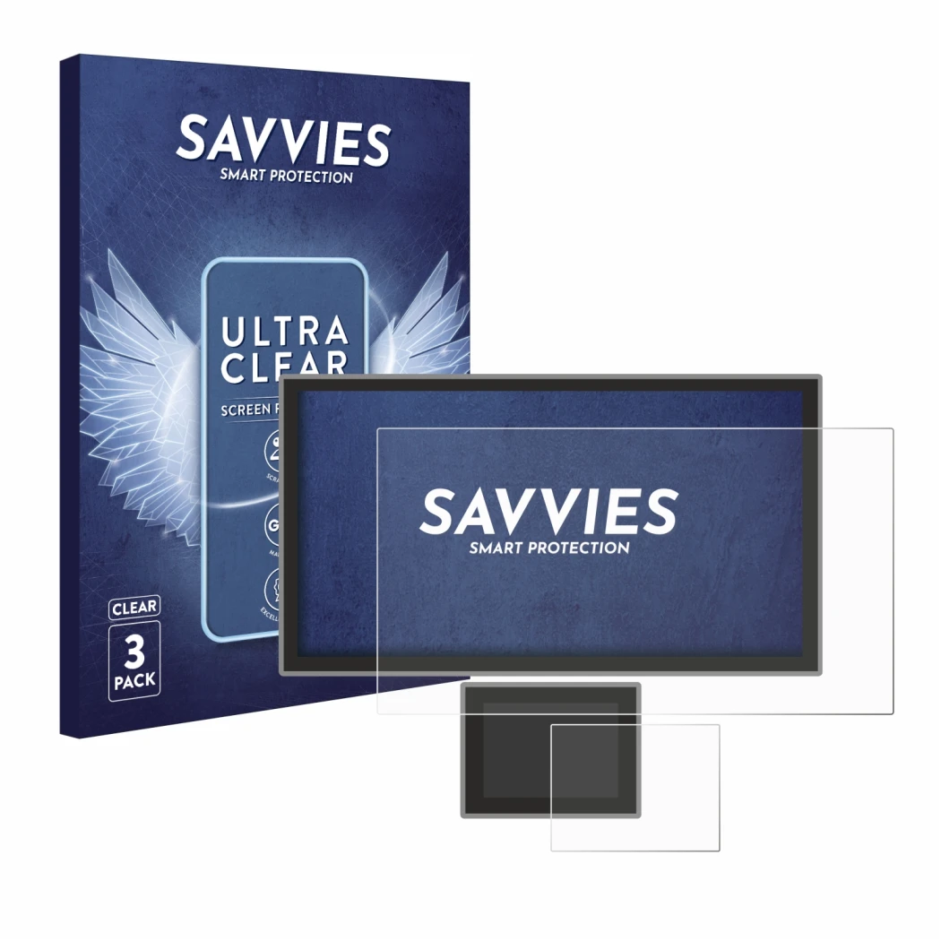 Front side of a product packaging with the brand logo Savvies. Next to it is the device Icom IC-7760 shown with the correspond