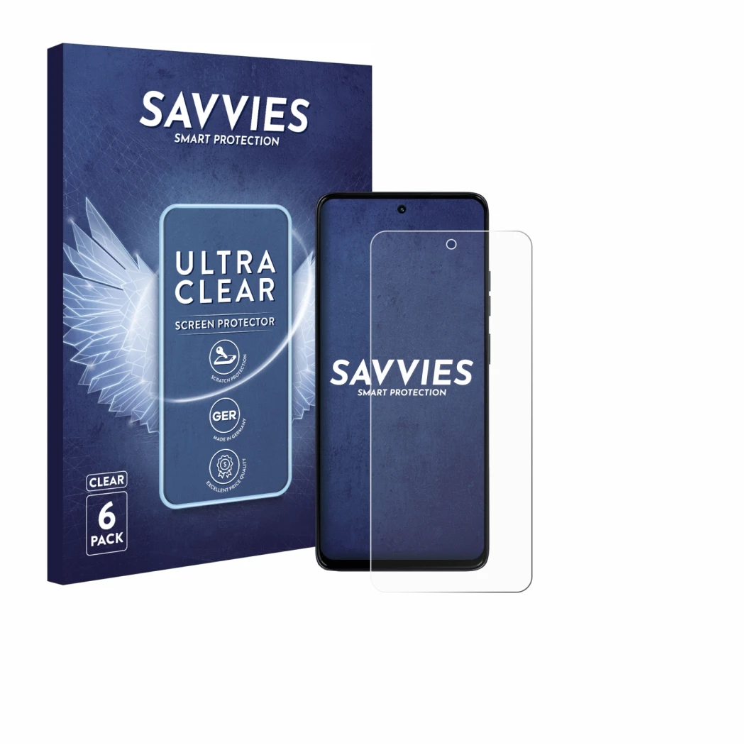 Front side of a product packaging with the brand logo Savvies. Next to it is the device Motorola Moto G56 shown with the corre