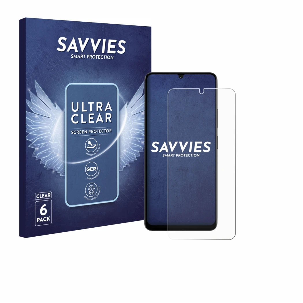Front side of a product packaging with the brand logo Savvies. Next to it is the device Doogee Note 59 Pro shown with the corr