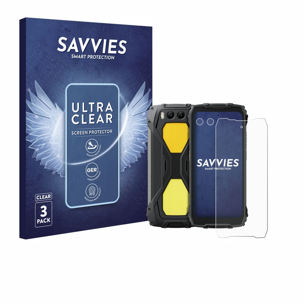 Front side of a product packaging with the brand logo Savvies. Next to it is the device Blackview BV7300 (Front+Camera) shown 