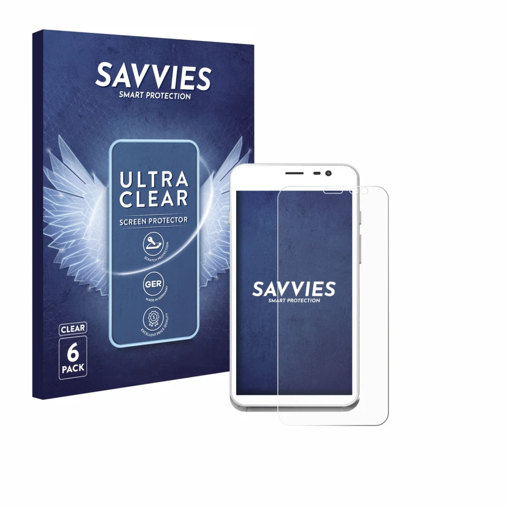 Front side of a product packaging with the brand logo Savvies. Next to it is the device Pax CCV Fly A77 shown with the corresp