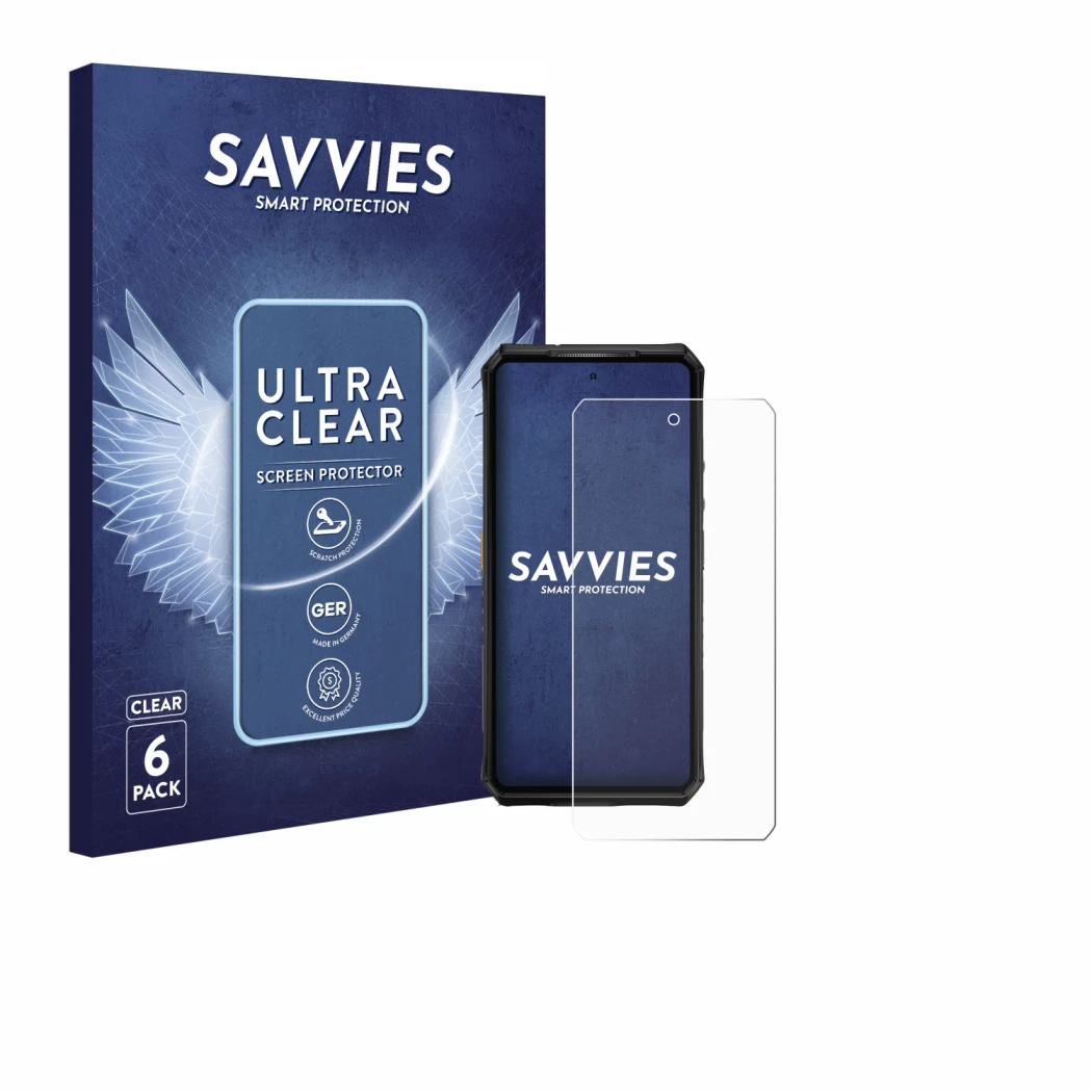 Front side of a product packaging with the brand logo Savvies. Next to it is the device Ulefone Armor 28 Pro shown with the co
