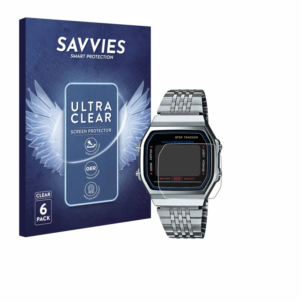 Front side of a product packaging with the brand logo Savvies. Next to it is the device Casio iconic ABL-100WE-1A shown with t