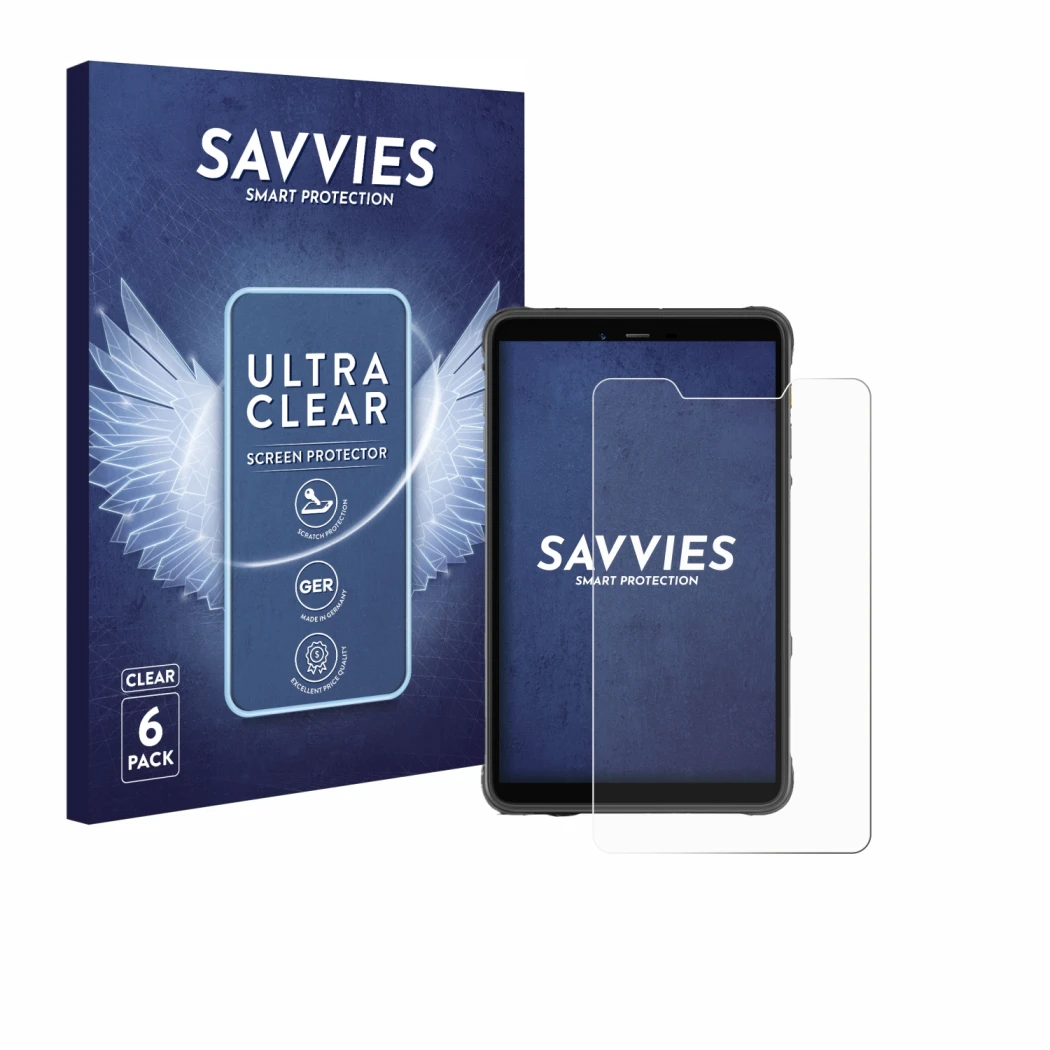 Front side of a product packaging with the brand logo Savvies. Next to it is the device Ulefone Armor Pad Pro shown with the c