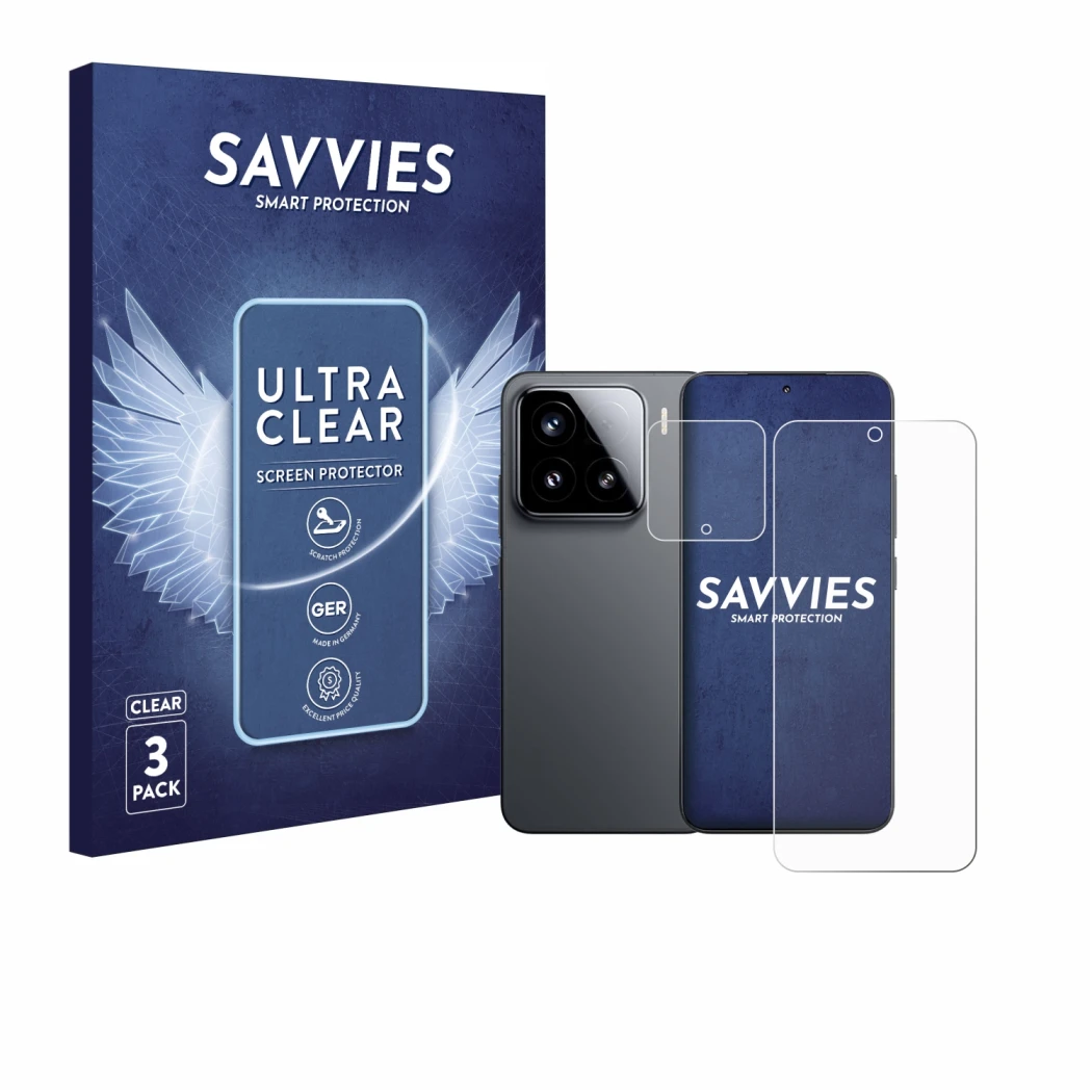 Front side of a product packaging with the brand logo Savvies. Next to it is the device Xiaomi 15 (Front+Camera) shown with th