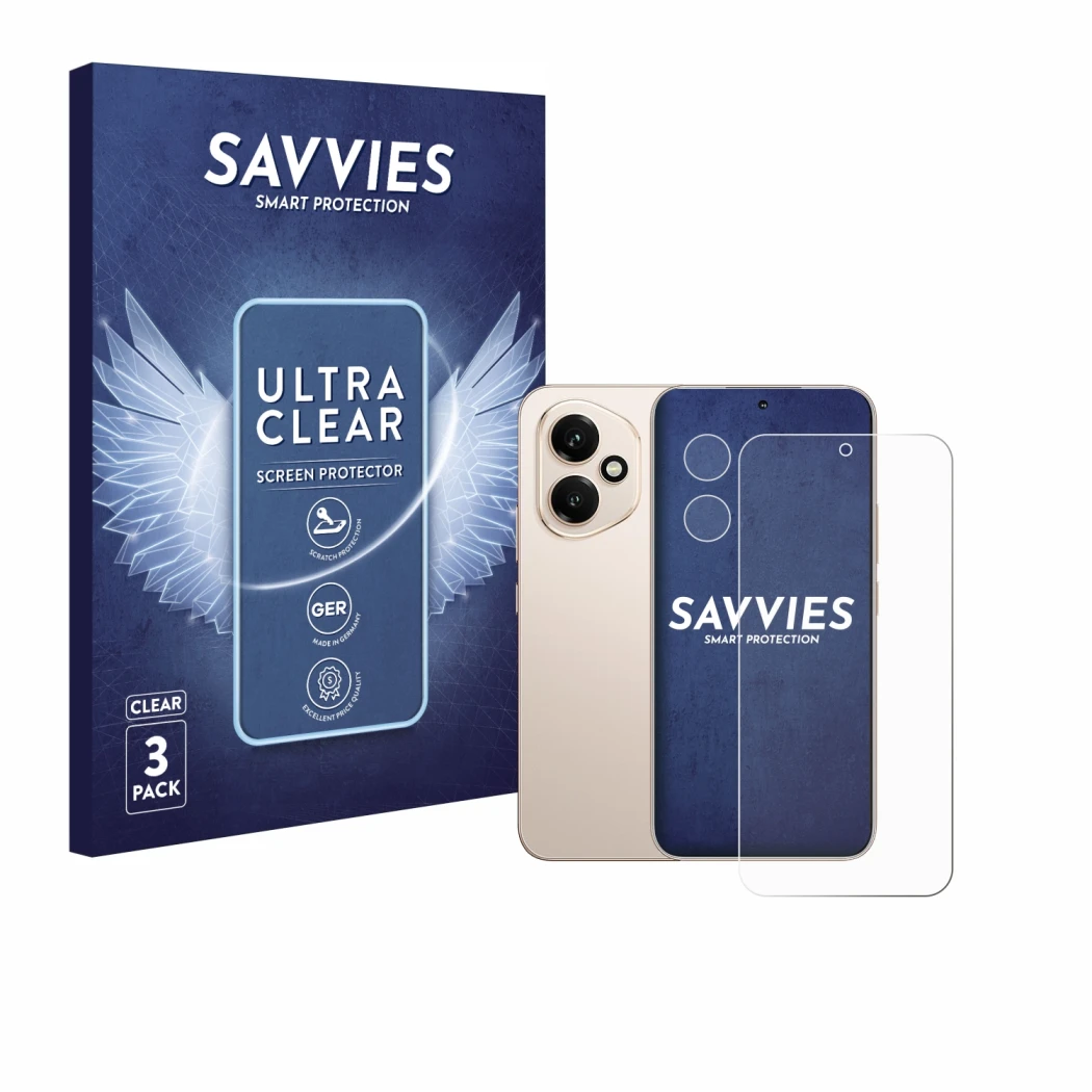 Front side of a product packaging with the brand logo Savvies. Next to it is the device Honor 400 (Front+Camera) shown with th