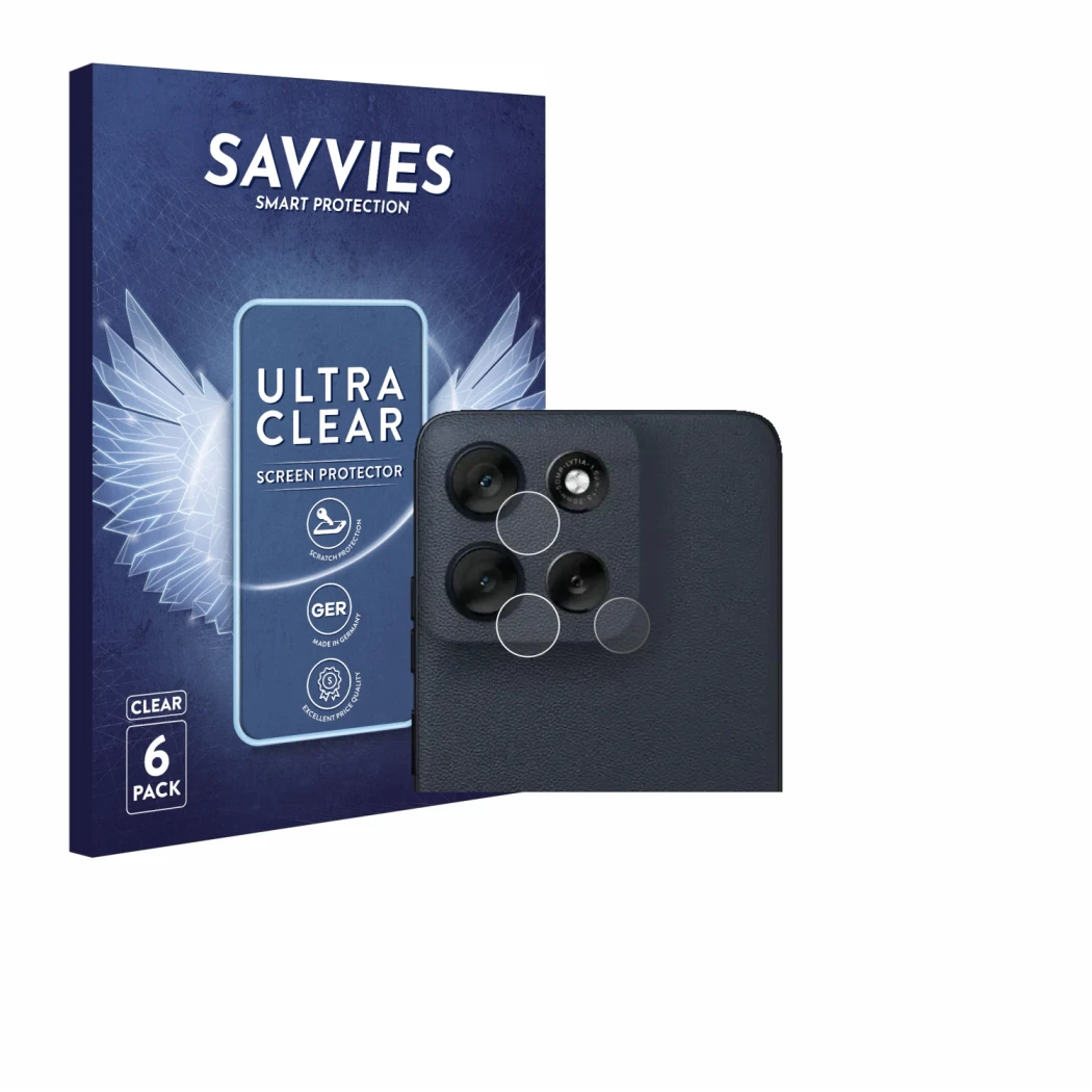 Front side of a product packaging with the brand logo Savvies. Next to it is the device Motorola Moto G56 (ONLY Camera Lens) s