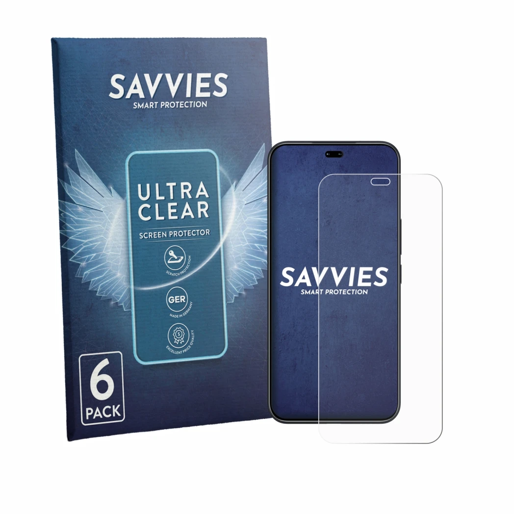 Front side of a product packaging with the brand logo Savvies. Next to it is the device Honor 400 Pro shown with the correspon