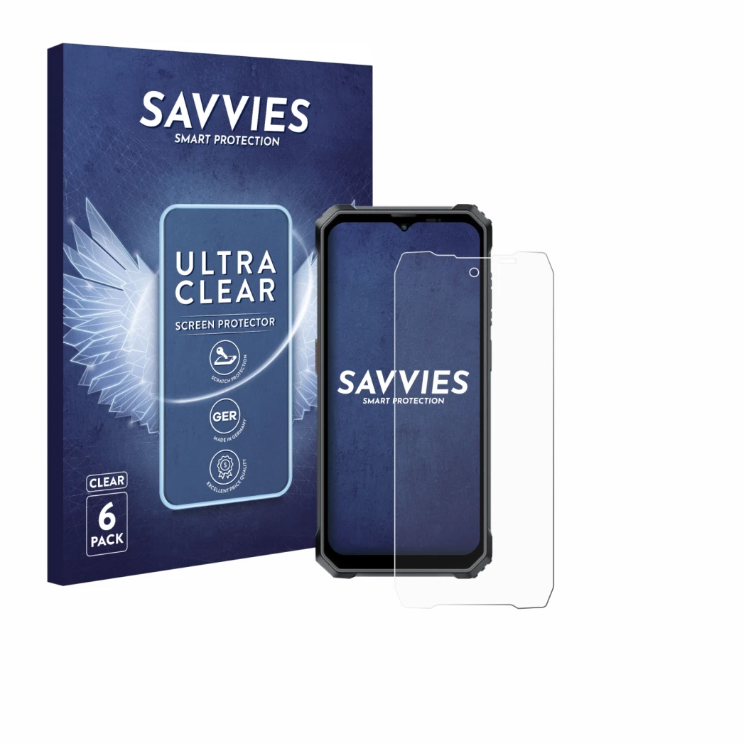 Front side of a product packaging with the brand logo Savvies. Next to it is the device Blackview BL7000 shown with the corres