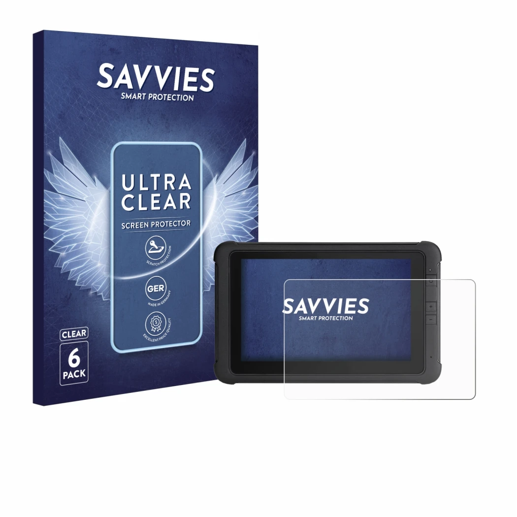 Front side of a product packaging with the brand logo Savvies. Next to it is the device Webfleet PRO 8475 shown with the corre