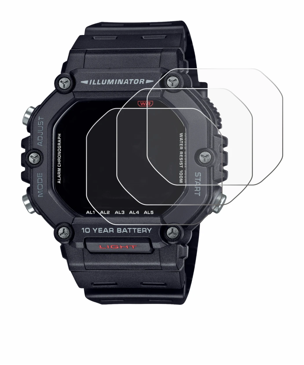 Image of the device Casio AE-1600H with a wide variety of screen protectors.