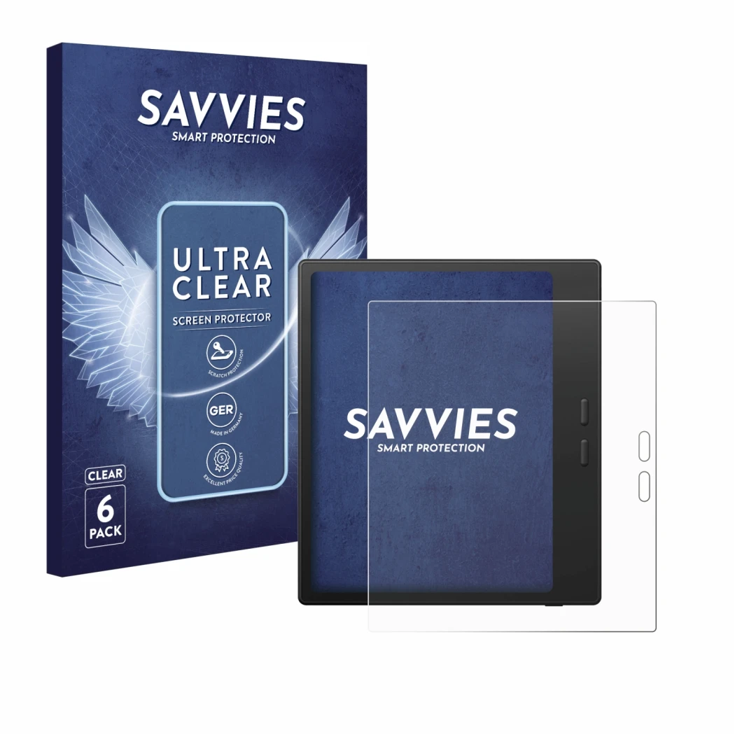 Front side of a product packaging with the brand logo Savvies. Next to it is the device Boox Go Color 7 Gen II shown with the 