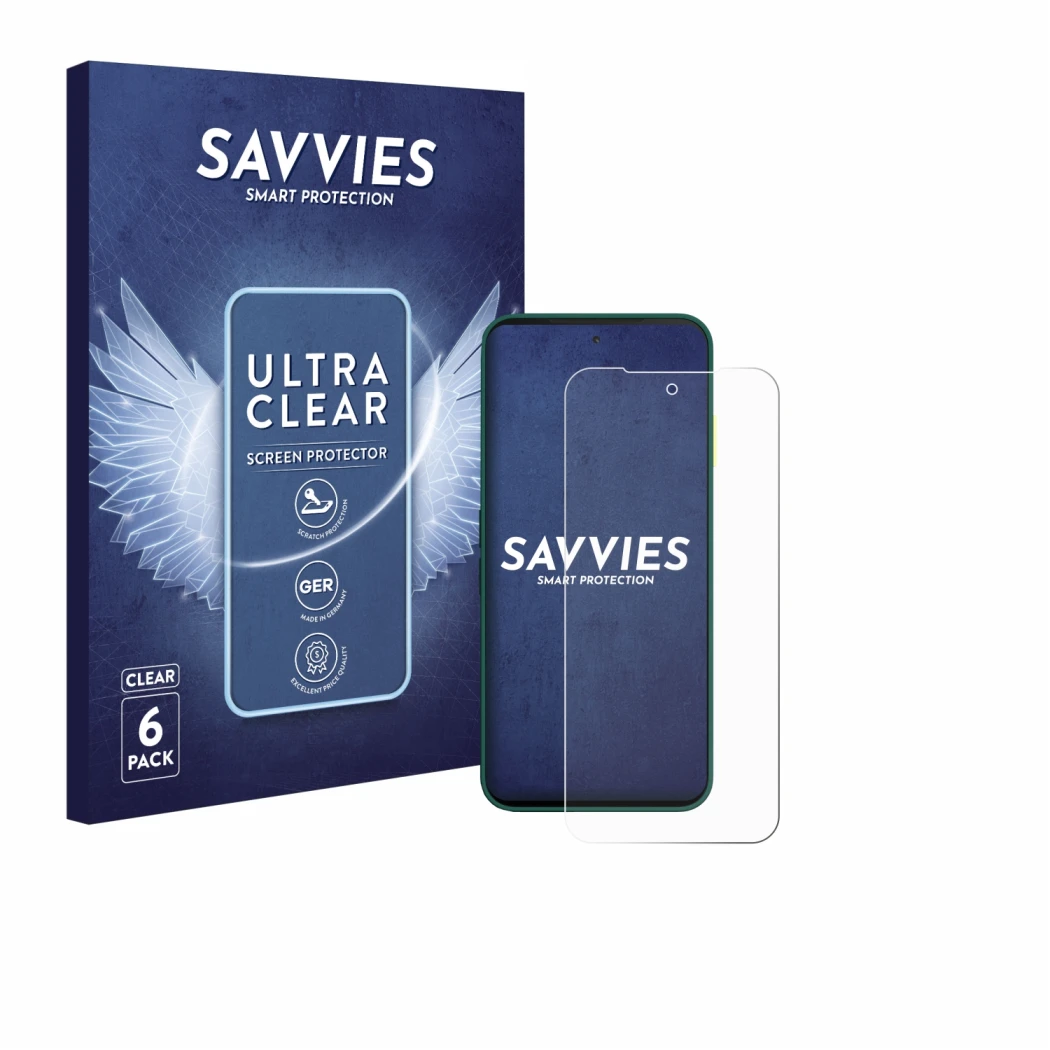 Front side of a product packaging with the brand logo Savvies. Next to it is the device Fairphone 6 shown with the correspondi