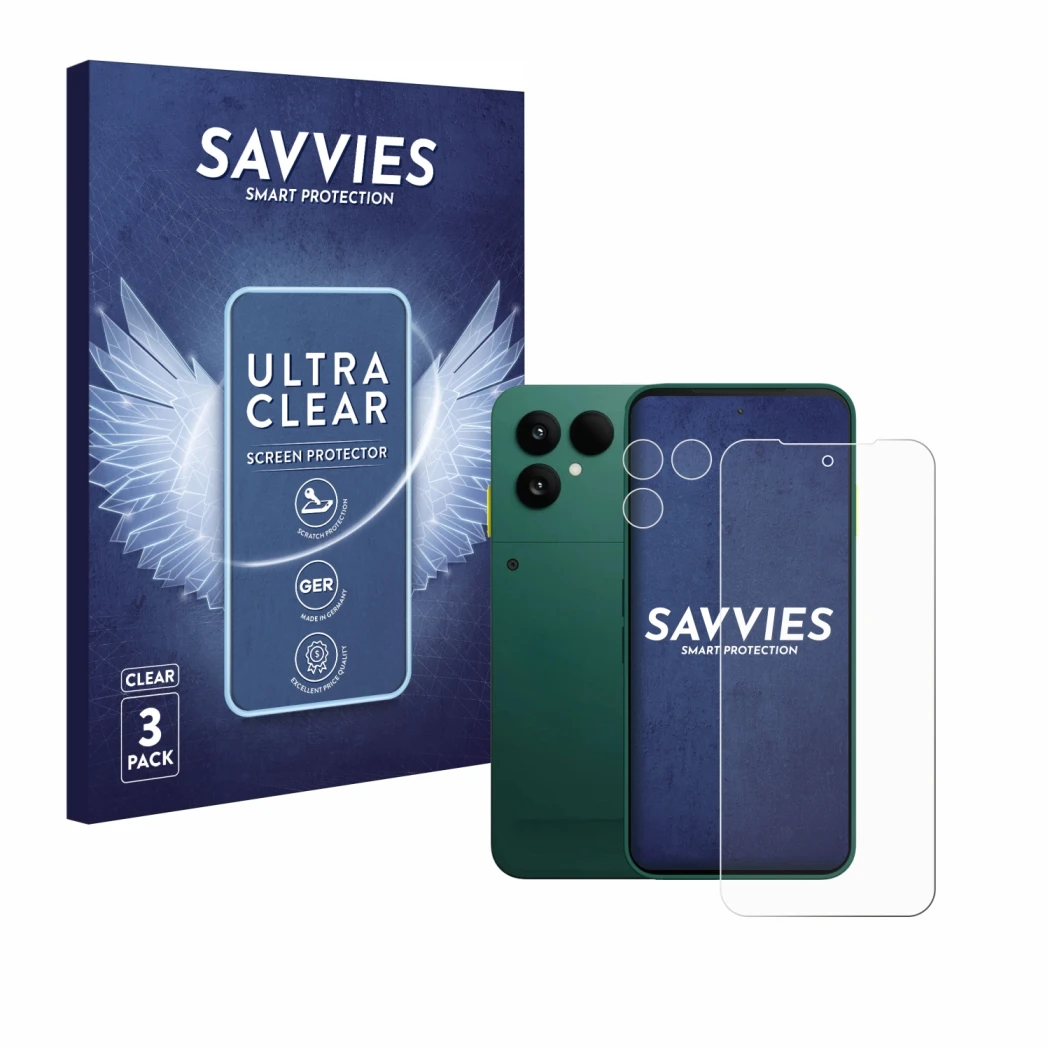 Front side of a product packaging with the brand logo Savvies. Next to it is the device Fairphone 6 (Front+Camera) shown with 