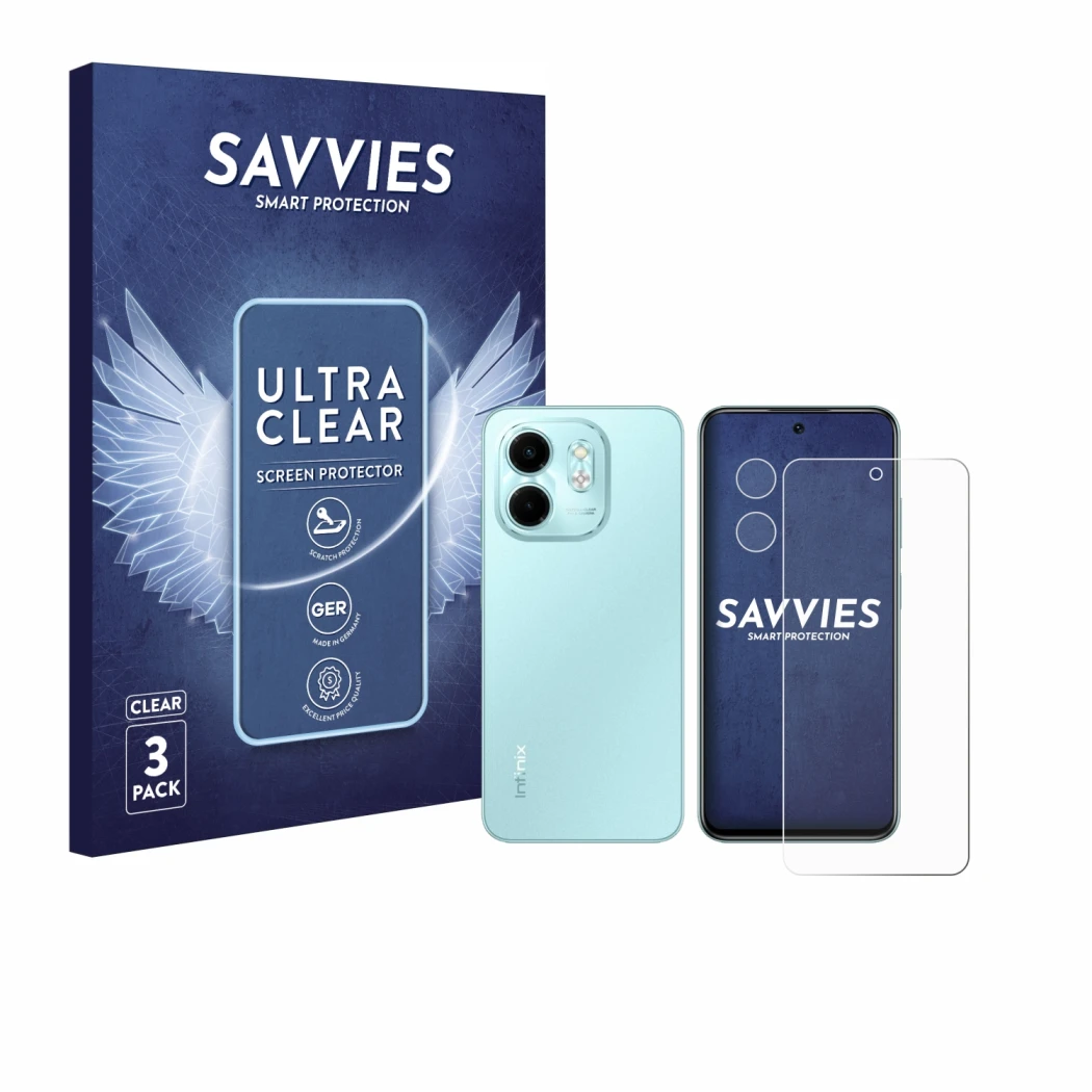 Front side of a product packaging with the brand logo Savvies. Next to it is the device Infinix Smart 9 (Front+Camera) shown w