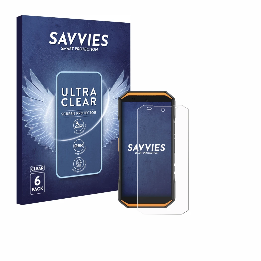Front side of a product packaging with the brand logo Savvies. Next to it is the device Ulefone Armor X32 Pro shown with the c