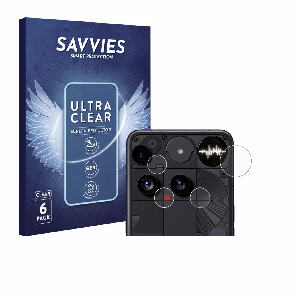 Front side of a product packaging with the brand logo Savvies. Next to it is the device Nothing Phone (3) (ONLY Camera Lens) s
