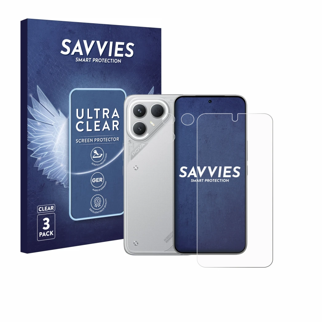 Front side of a product packaging with the brand logo Savvies. Next to it is the device Tecno Pova 7 Pro (Front+Camera) shown 
