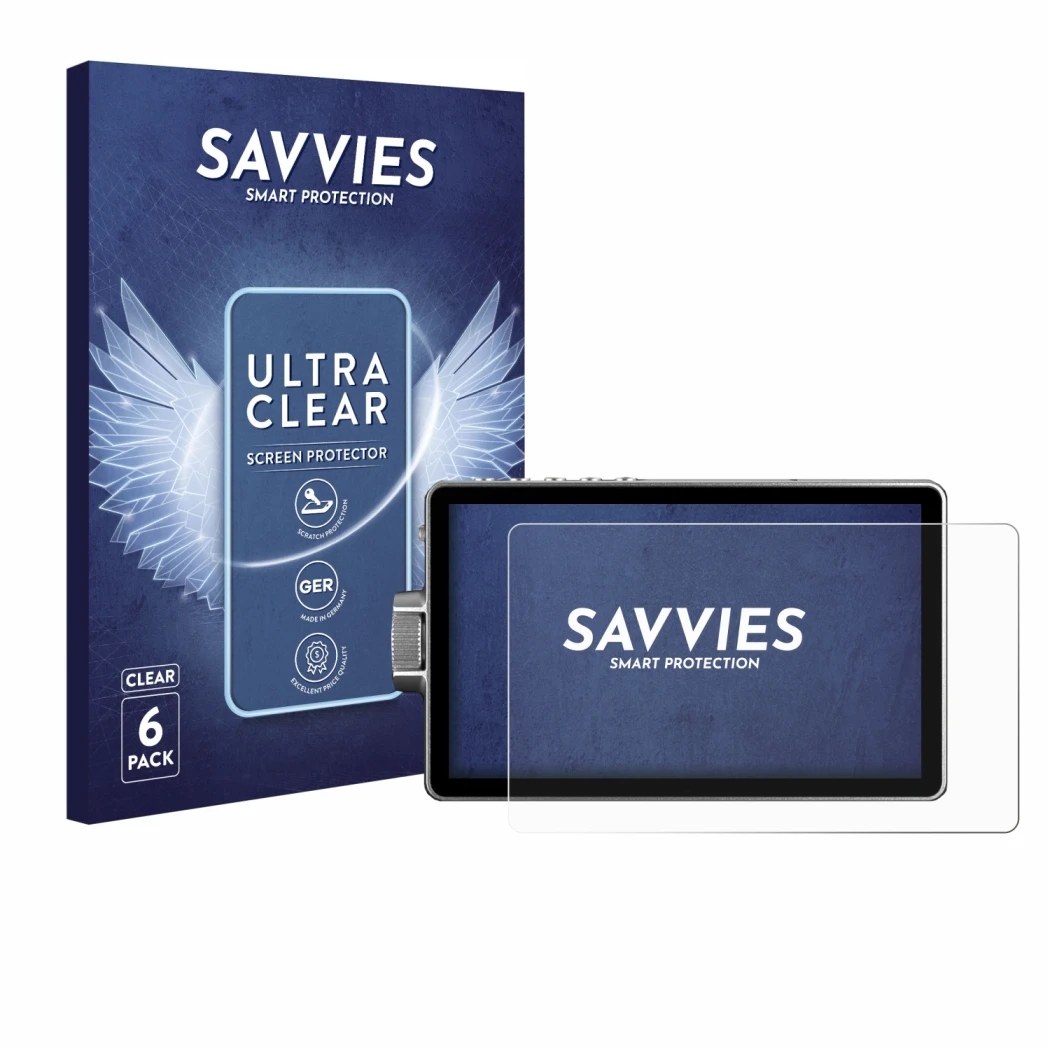 Front side of a product packaging with the brand logo Savvies. Next to it is the device Viltrox DC-A1 2800 shown with the corr