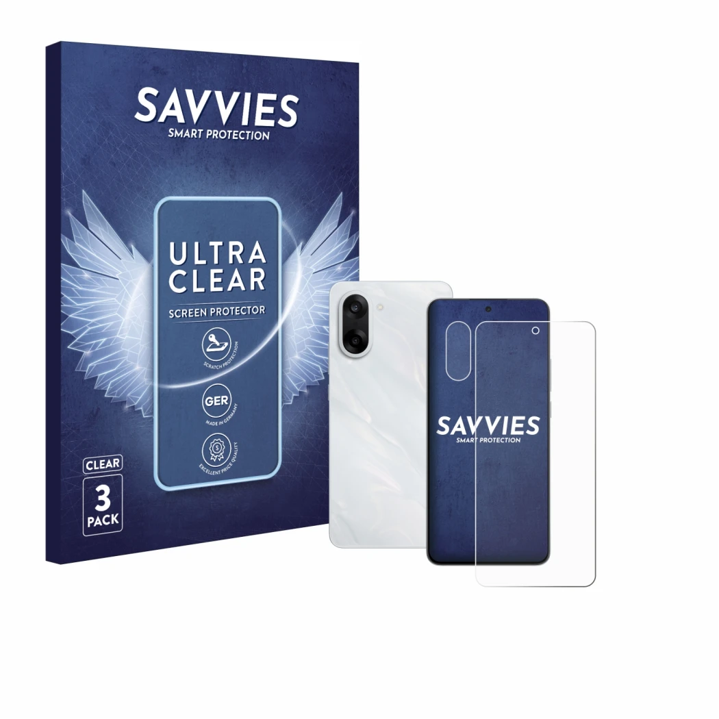 Front side of a product packaging with the brand logo Savvies. Next to it is the device OnePlus Nord CE 5 (Front+Camera) shown