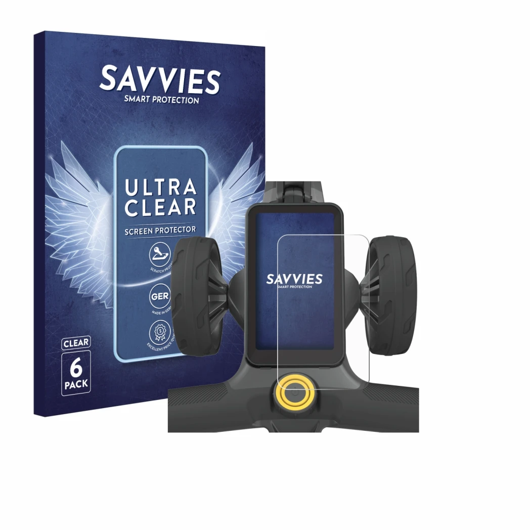 Front side of a product packaging with the brand logo Savvies. Next to it is the device PowaKaddy CT12 GPS shown with the corr