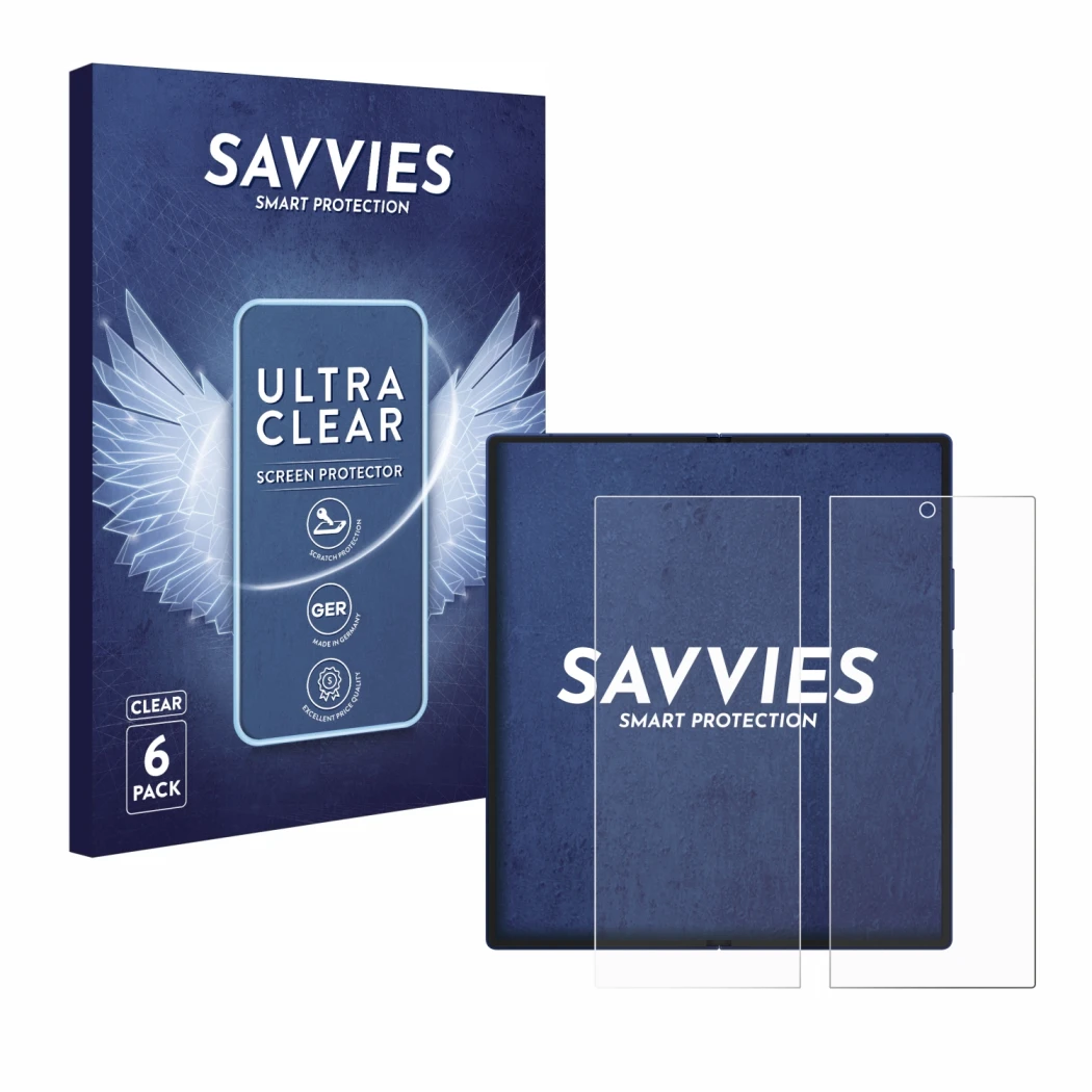 Front side of a product packaging with the brand logo Savvies. Next to it is the device Samsung Galaxy Z Fold 7 (Inner display