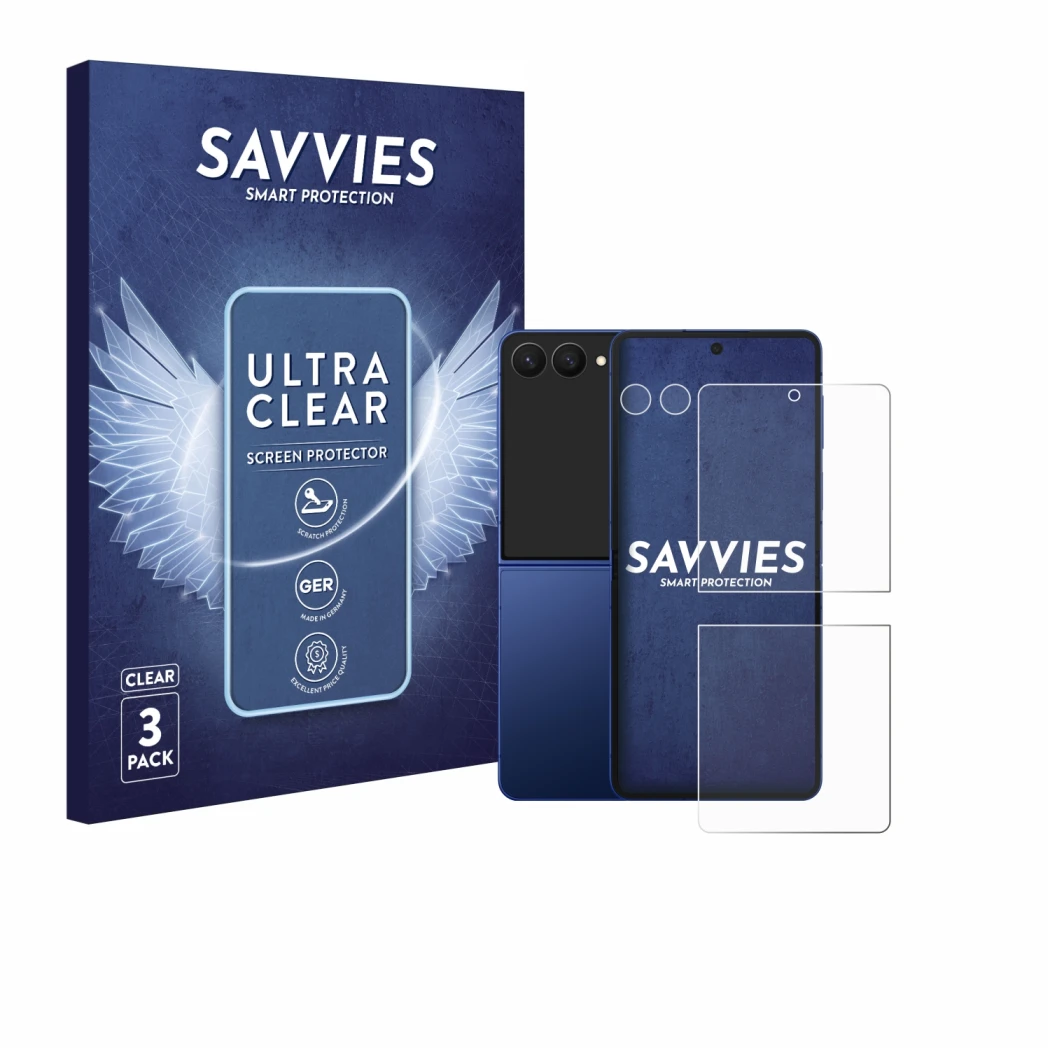 Front side of a product packaging with the brand logo Savvies. Next to it is the device Samsung Galaxy Z Flip 7 (Front+Camera)