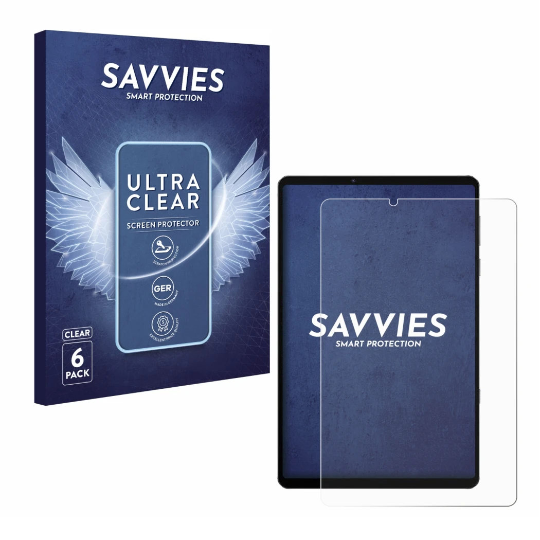Front side of a product packaging with the brand logo Savvies. Next to it is the device Lenovo Legion Y700 2022 shown with the