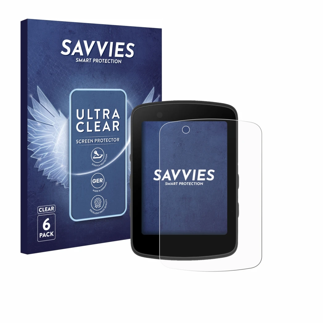 Front side of a product packaging with the brand logo Savvies. Next to it is the device Bryton Rider 550 shown with the corres