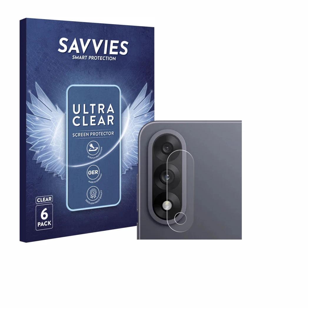 Front side of a product packaging with the brand logo Savvies. Next to it is the device OnePlus Nord 5 (ONLY Camera Lens) show