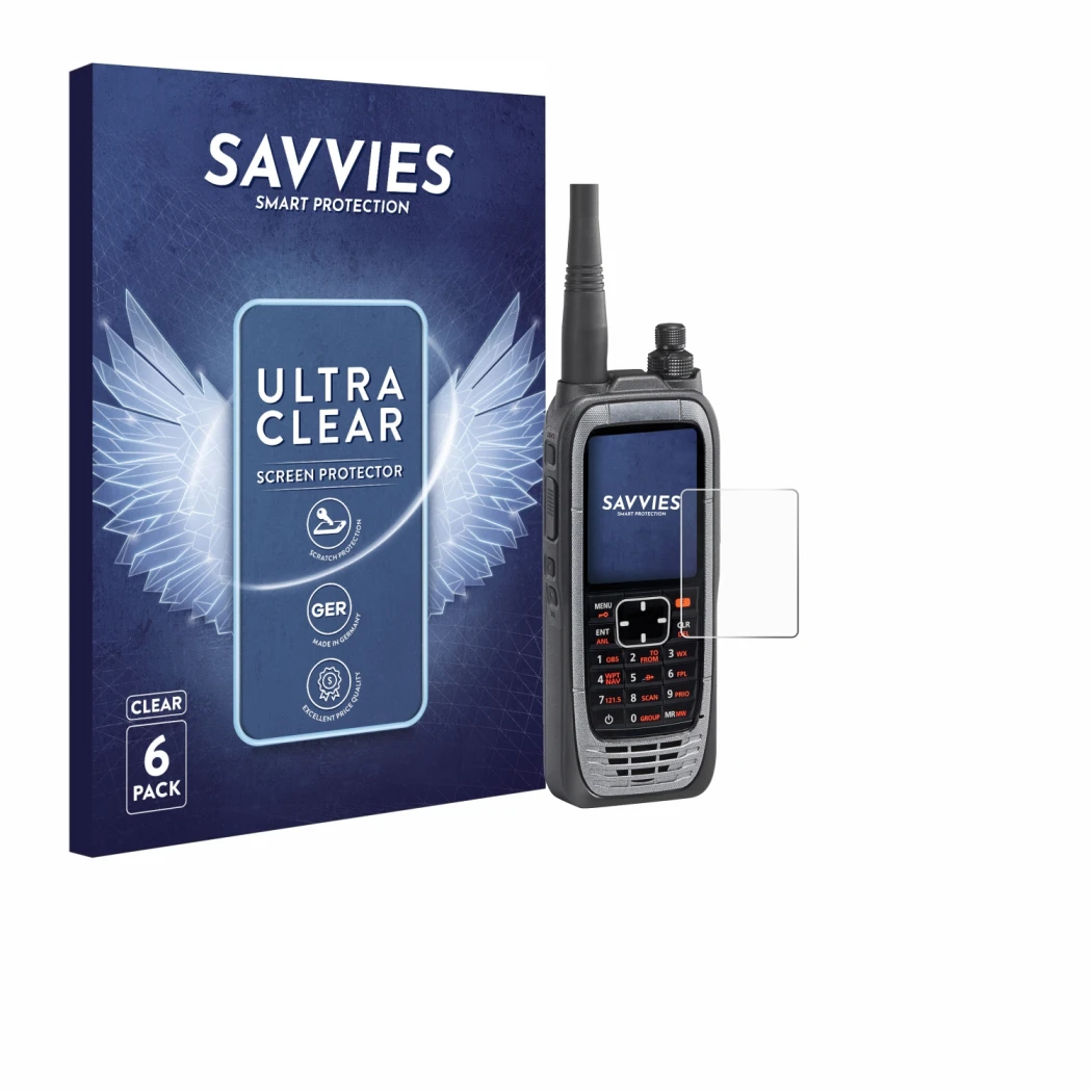 Front side of a product packaging with the brand logo Savvies. Next to it is the device Icom IC-A25NE /IC-A25CE shown with the