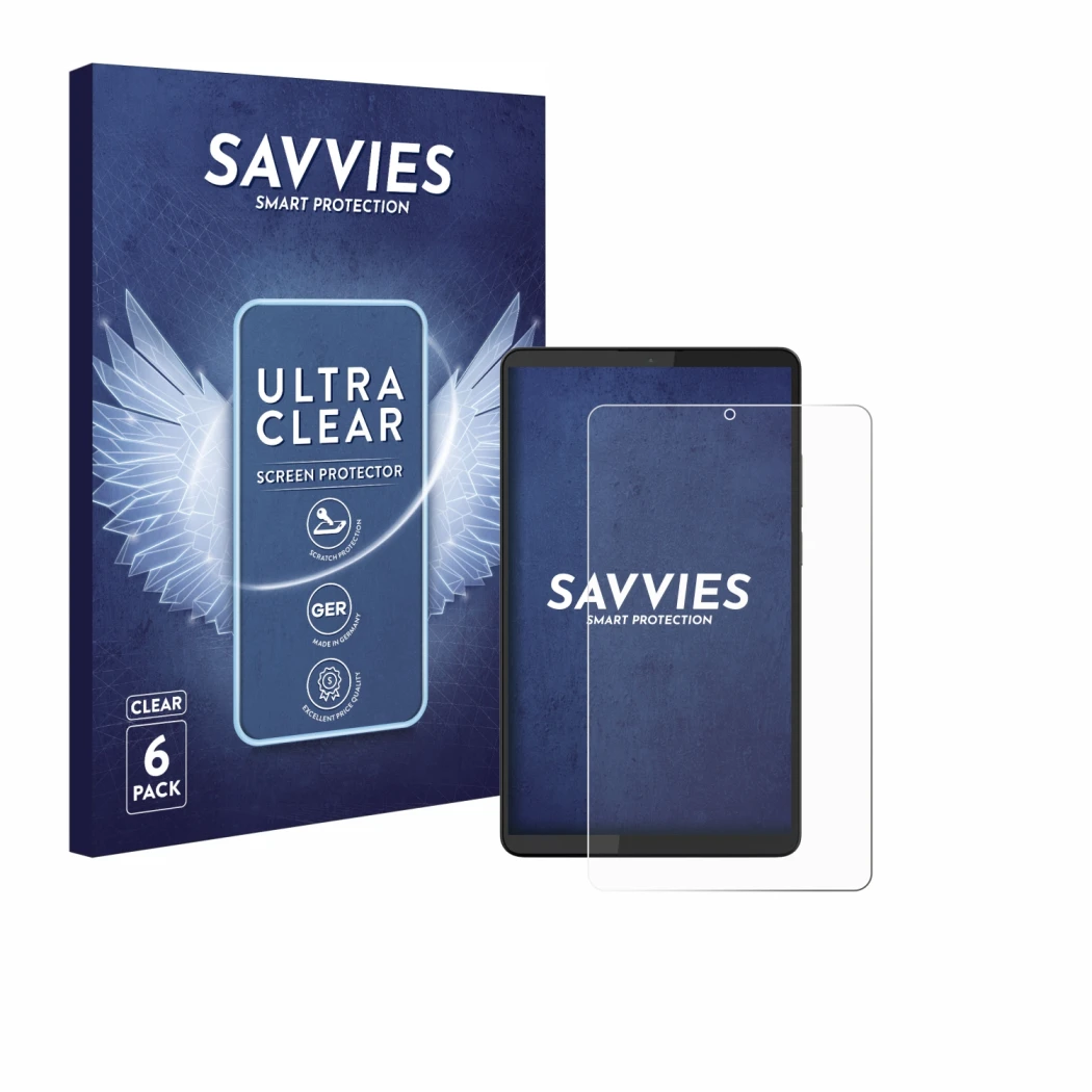 Front side of a product packaging with the brand logo Savvies. Next to it is the device Lenovo Tab One 8.7