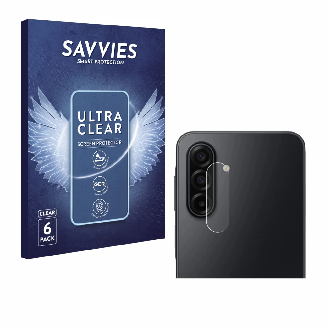 Front side of a product packaging with the brand logo Savvies. Next to it is the device Samsung Galaxy A17 5G (ONLY Camera Len