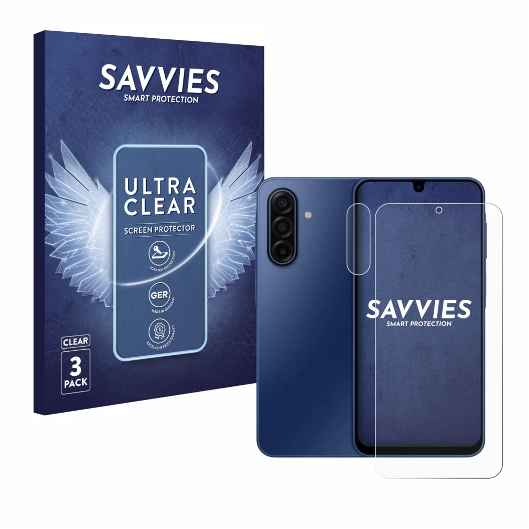 Front side of a product packaging with the brand logo Savvies. Next to it is the device Samsung Galaxy A17 4G (Front+Camera) s