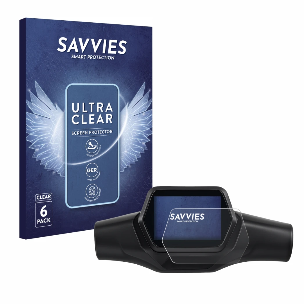 Front side of a product packaging with the brand logo Savvies. Next to it is the device Segway Ninebot ZT3 D shown with the co