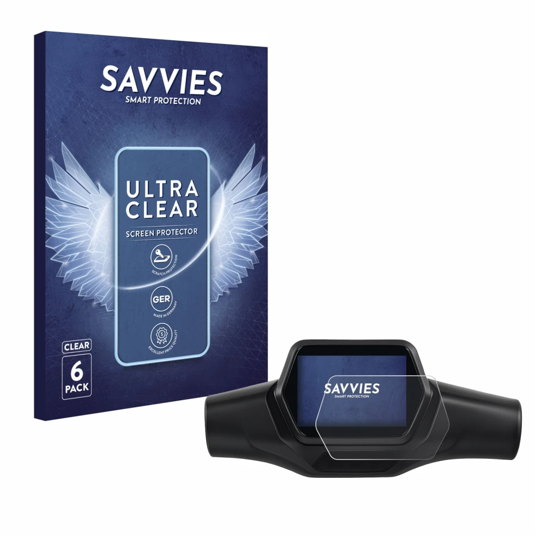 Front side of a product packaging with the brand logo Savvies. Next to it is the device Segway Ninebot ZT3 Pro D shown with th