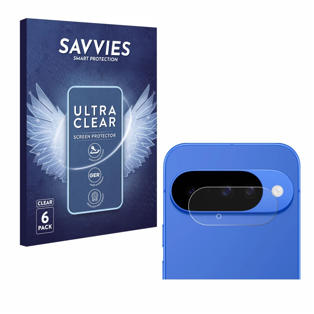 Front side of a product packaging with the brand logo Savvies. Next to it is the device Google Pixel 10 (ONLY Camera Lens) sho