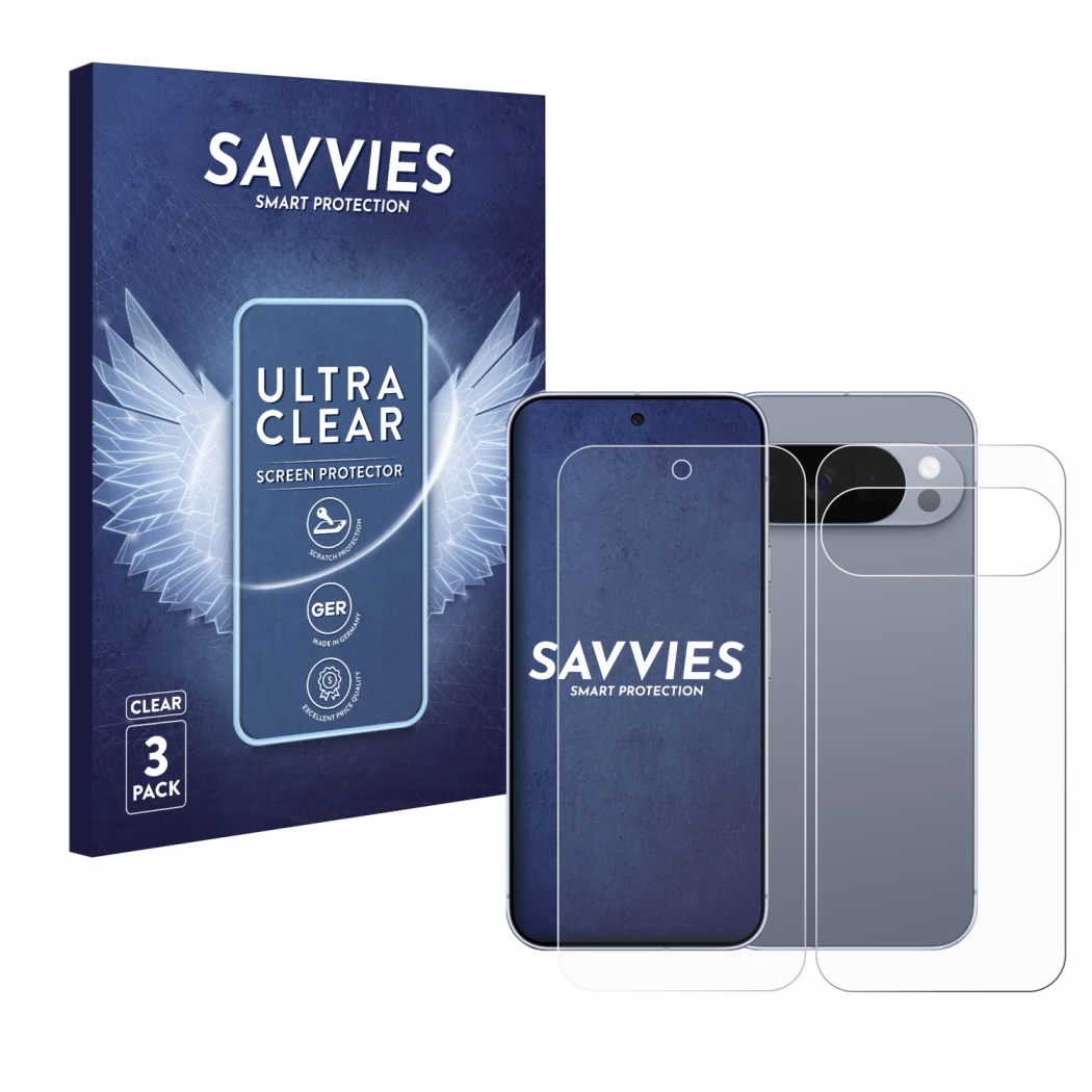 Front side of a product packaging with the brand logo Savvies. Next to it is the device Google Pixel 10 Pro (Front+Back) shown