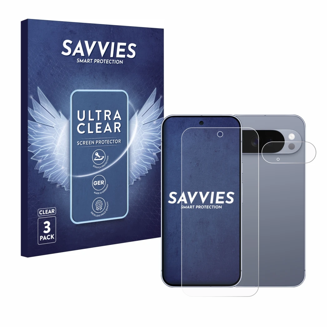Front side of a product packaging with the brand logo Savvies. Next to it is the device Google Pixel 10 Pro XL (Front+Camera) 