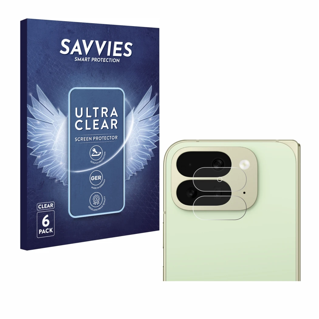 Front side of a product packaging with the brand logo Savvies. Next to it is the device Google Pixel 10 Pro Fold (ONLY Camera 