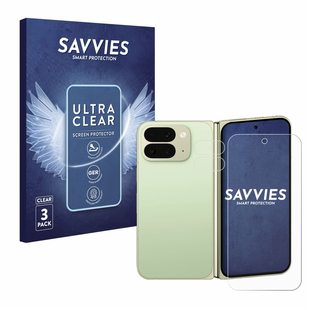 Front side of a product packaging with the brand logo Savvies. Next to it is the device Google Pixel 10 Pro Fold (Front+Camera