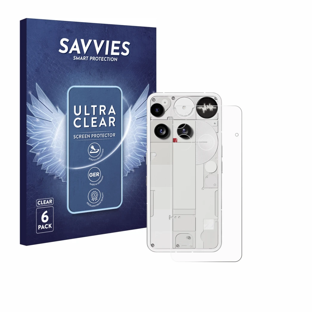 Front side of a product packaging with the brand logo Savvies. Next to it is the device Nothing Phone (3) (Back) shown with th