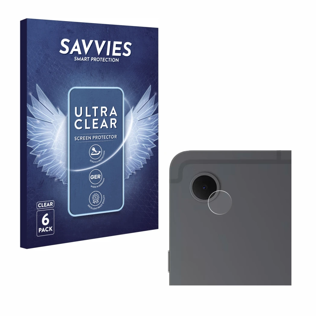 Front side of a product packaging with the brand logo Savvies. Next to it is the device Samsung Galaxy Tab S10 Lite (ONLY Came